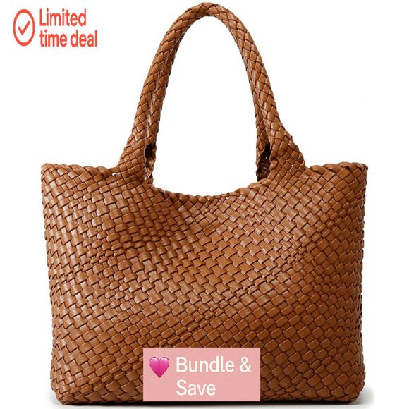 Handbags - Large Vegan Leather Tote Bag with Shoulder Strap and Bonus Clutch